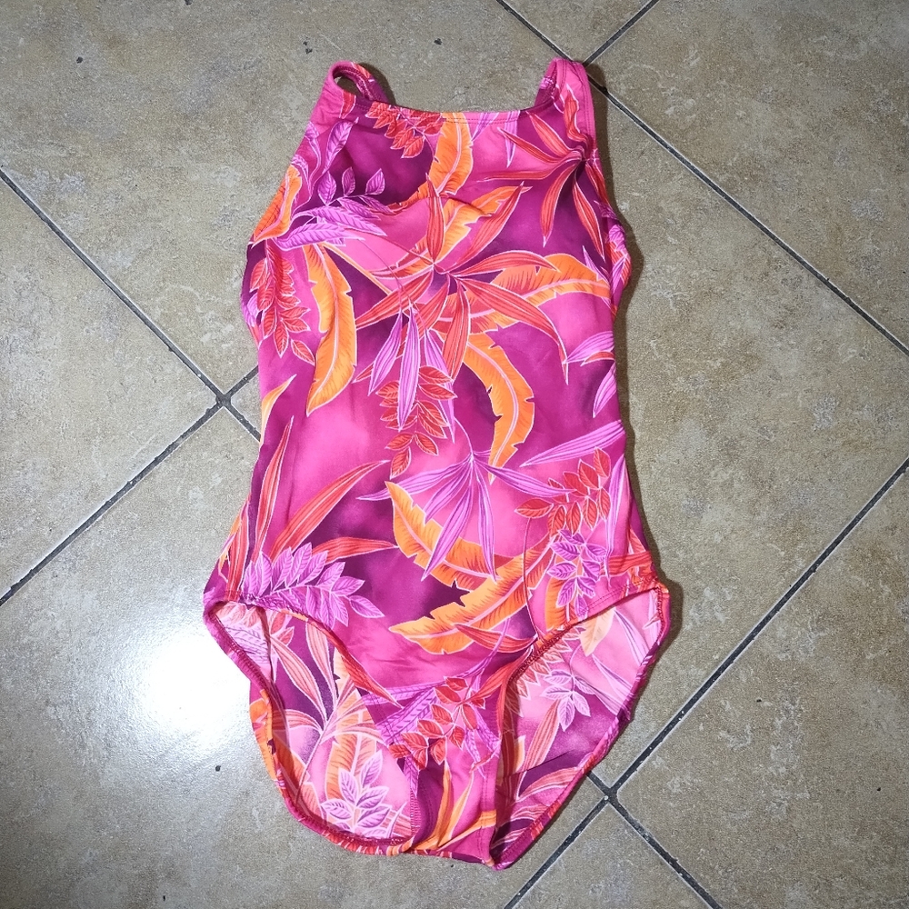 Beach Native 1 Piece Floral Pink & Orange SwimSuit Size 14